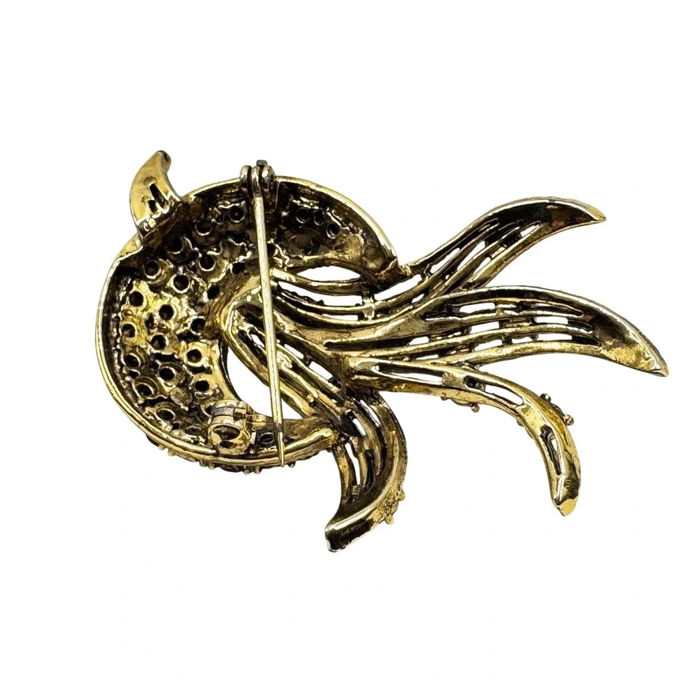 Vintage Gold Tone Amber Citrine Rhinestone Spray Brooch Pin Mid-Century‎ Style